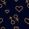 Seamless pattern with golden heart chain and Gender symbol. Golden Chain Ornament for Fashion Prints. symbol of mars and venus