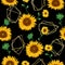 Seamless pattern with golden polygonal shapes and sunflowers in watercolor style.