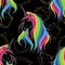 Seamless pattern with golden polygonal shapes and unicorn with rainbow mane.