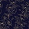 Seamless pattern of golden poppy flowers on a black background.