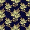 Seamless pattern with golden Roses on blue