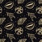 Seamless pattern of golden sea shells and seahorses on a black background with stars. Mystical background, textile