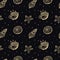 Seamless pattern of golden sea shells and seahorses on a black background with stars. Mystical background, textile