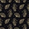 Seamless pattern of golden sea shells and seahorses on a black background with stars. Mystical background, textile
