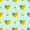 Seamless pattern with golden shining hearts on a green background.