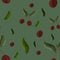 Seamless pattern with gouache cherries, leaves, and branches on green background. Summer, print, packaging, wallpaper, textile, st