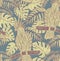 Seamless pattern with graphic cockatoo parrot on a branch with tropical leaves