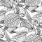 Seamless pattern of graphic swimming turtles in black and white colors.