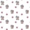 Seamless pattern with gray animals. Gray hares - boys and girls - with a flower and a heart in their paws on a white