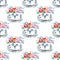 Seamless pattern of a gray kitten and floral wreath.Cat greeting card.