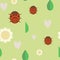 Seamless pattern green background with ladybug, daisy flowers, green leaves, heart, summer insects.