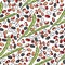 Seamless pattern of green bean pods and multi-colored seeds, dark, light and spotted beans on a white background