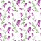 Seamless pattern of green branches with flowering purple flowers