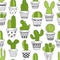 Seamless pattern with green cactus in pots black and white