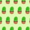 Seamless pattern with green cactuses in pots. Cartoon style print. Funny illustration. Funny watercolor doodle art