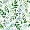 Seamless pattern of green leaves, herbs, tropical plant hand drawn watercolor. Fresh beauty rustic eco friendly background.