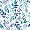 Seamless pattern of green leaves, herbs, tropical plant hand drawn watercolor. Fresh beauty rustic eco friendly background.