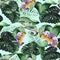 A seamless pattern with green leaves, a Panda sleeping on a branch, and a striped chameleon. Tropical background for textiles, Wal