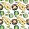 Seamless pattern with green limes, tomatoes, pears and grapes drawn by hand with colored pencil