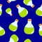 Seamless pattern with green magic potion bottles on blue background. Cartoon style. Fairy tale drink. Pharmacy and chemistry.