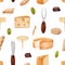 Seamless pattern with green olives, pieces of cheese, chocolate, crackers, knife and fork. Hand drawn watercolor illustration