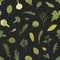 Seamless pattern with green plants, salad leaves and spice herbs on black background. Backdrop with wholesome vegan or