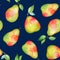 Seamless pattern with green ripe pears with leaves
