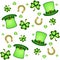 Seamless pattern in green shades for St. Patrick`s Day. Seamless pattern of hats, clovers, horseshoes Symbols of good