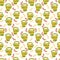 Seamless pattern with green tea cups with milk, red and yellow branches. Vector illustration isolated on a white background