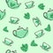 Seamless pattern with green tea leaf, teapots and cups. Hand drawing vintage texture.