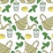 Seamless pattern, green tea with lemon, hand-drawn retro teapot with a glass, leaves and lemon.