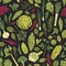 Seamless pattern with green vegetables, salad leaves and spice herbs on black background. Backdrop with wholesome