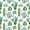 Seamless pattern with green watercolor cactus,succulents and multicolored flowers