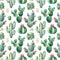Seamless pattern with green watercolor cactus,succulents and multicolored flowers