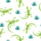 Seamless pattern with green watercolor lizard.