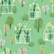 Seamless pattern with greenhouses in green. Minimalistic Scandinavian style.