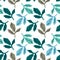 Seamless pattern with grey, turquoise and blue leaves. Bright tropical background