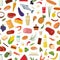 Seamless pattern with grocery food on on white background - fruits, vegetables, milk or dairy products, fish, meat