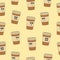 Seamless pattern of groovy coffee cup. Cartoon characters in trendy retro style on beige background