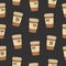 Seamless pattern of groovy coffee cup. Cartoon characters in trendy retro style on grey background