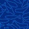 Seamless pattern with a group of different species of whales. Background with linear whales. Silhouette of performing linear.