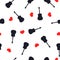 Seamless pattern guitar black silhouette and red hearts on white, vector eps 10