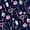 Seamless pattern with hairdresser tools such as hairdryer, comb, scissors, mirror, hair dye and other