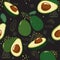 Seamless pattern of half avocado on dark background. Vector print for textile, wallpaper, backdrop, wrapping