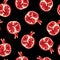 Seamless pattern with half pomegranate fruits on black background. Design for cosmetics, spa, pomegranate juice.