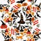 Seamless pattern for halloween bat, pumpkin, witch hat, a cat sk