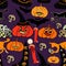 Seamless pattern for halloween bat, pumpkin, witch hat on purple