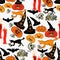 Seamless pattern for halloween bat, pumpkin, witch hat on a whit