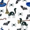 Seamless pattern with Halloween elements, cats, witch hats and brooms, bats on a white background.