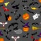 Seamless Pattern with Halloween Elements for Your Design. Pumpkin, Ghost, Cat, Hat, Broom, Coffins. Vector Illustration.